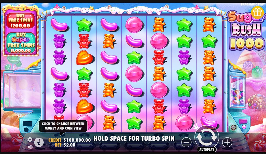 Sugar Rush 1000 gameplay - 7x7 grid, Free Spins sırasında aktif multiplier spot'lar